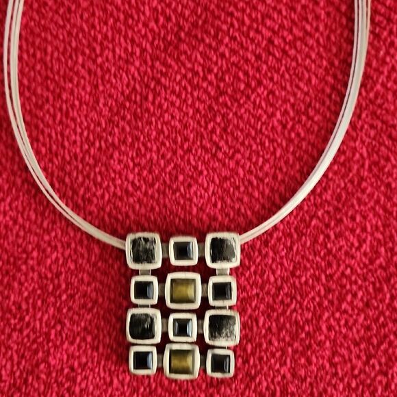 Contemporary Silvertone Abstract Grid Pattern Multicolor Stone, 18" - Picture 3 of 5